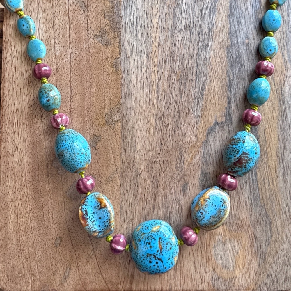 Vintage Artisan Ceramic Bead Statement Necklace Turquoise Speckled 26” Inch - Picture 14 of 15